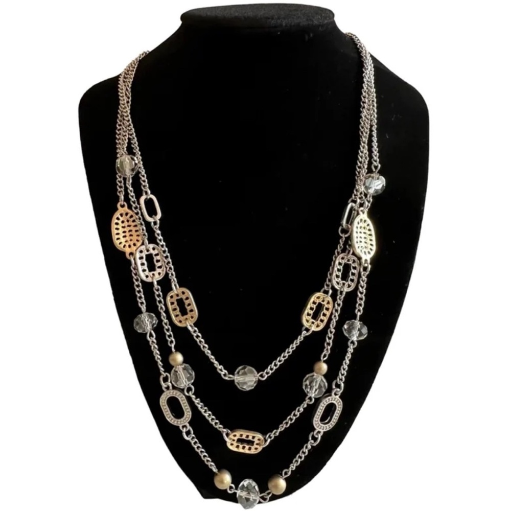 Beautiful Deco 3 in 1 Two Tone Metal 20” Necklace with Bead Accents